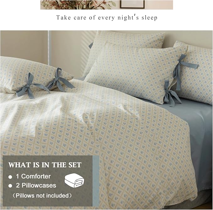 VM VOUGEMARKET White Blue Comforter Set Queen with Flower Plaid Prints,3 Pieces Cottagecore Bedding Set,Aesthetic 1 Comforter with 2 Bowknot Pillowcases for Girls Women 90x90 Inch