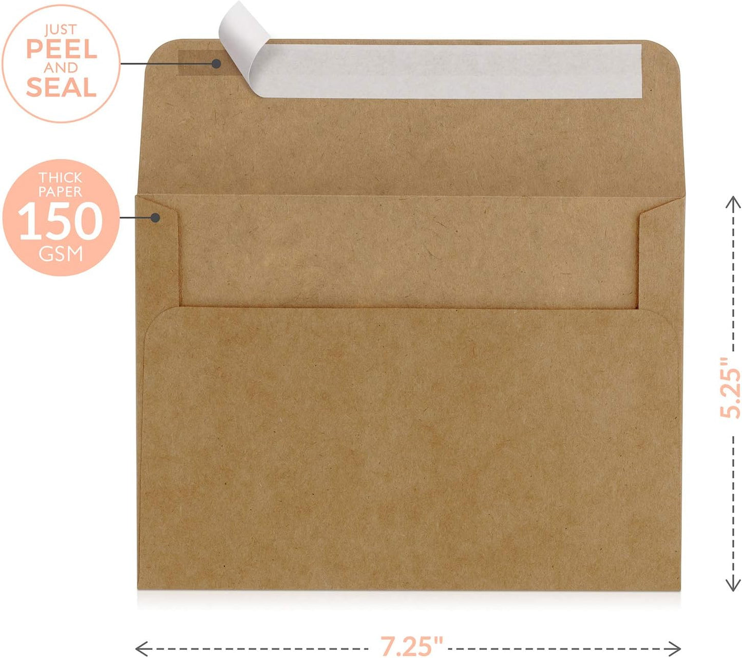 Sweetzer & Orange A7 Brown Self-Seal Envelopes - 100 Pack, 5x7 Inches, Kraft 150gsm for Weddings & Invitations