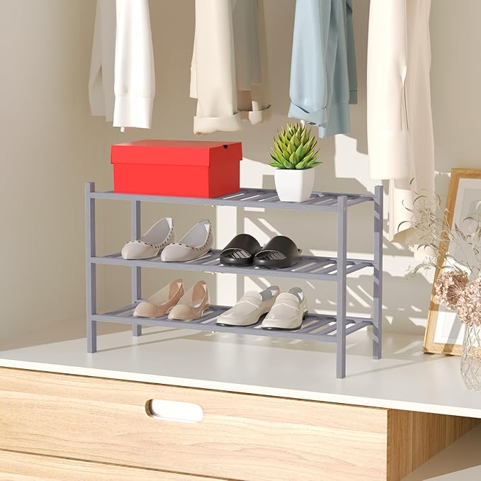 RONGJlA 2 Tier Bamboo Shoe Rack for Closet Free Standing Wood Shoe Shelf Storage Organizer for Entryway Small Space Stackable, Grey