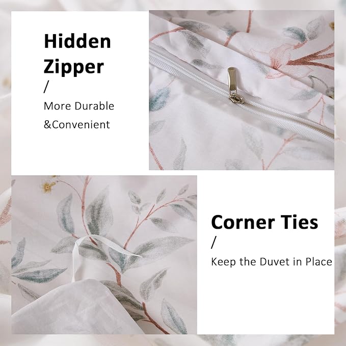 Duvet Cover Set King Size 3-PC Chic Garden Floral Ultra Soft 100% Long Staple Cotton Comforter Cover, Reversible Breathable Duvet Cover with Zipper Closure, Lightweight, All Season