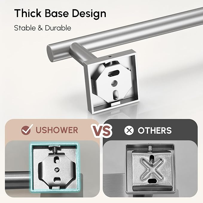 USHOWER Brushed Nickel Towel Bar, 24 Inch Towel Racks for Bathroom Wall Mounted, 304 Stainless Steel Towel Holder with Square Base, Modern Home Decor (Total Length 26 Inch)