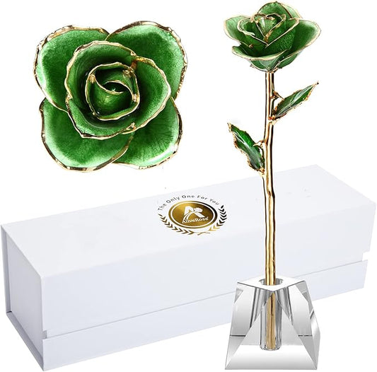 AliveRose 24k Gold Rose, Long Stem Rose Made from Real Gold Rose for Anniversary Valentines Mothers Day Birthday(Mint Green with Crystal Vase)