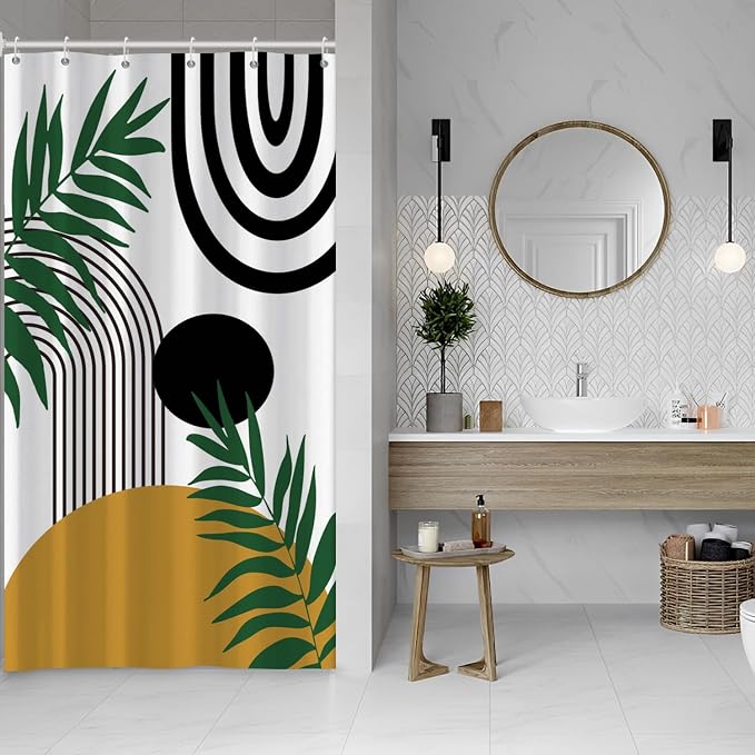 Boho Mid Century Shower Curtain Bohemian Abstract Modern Sun Bathroom Curtain Geometric Arch Curve Leaves Polyester Shower Curtain Sets for Bathroom Extra Long 54x72 in with 10 Hooks
