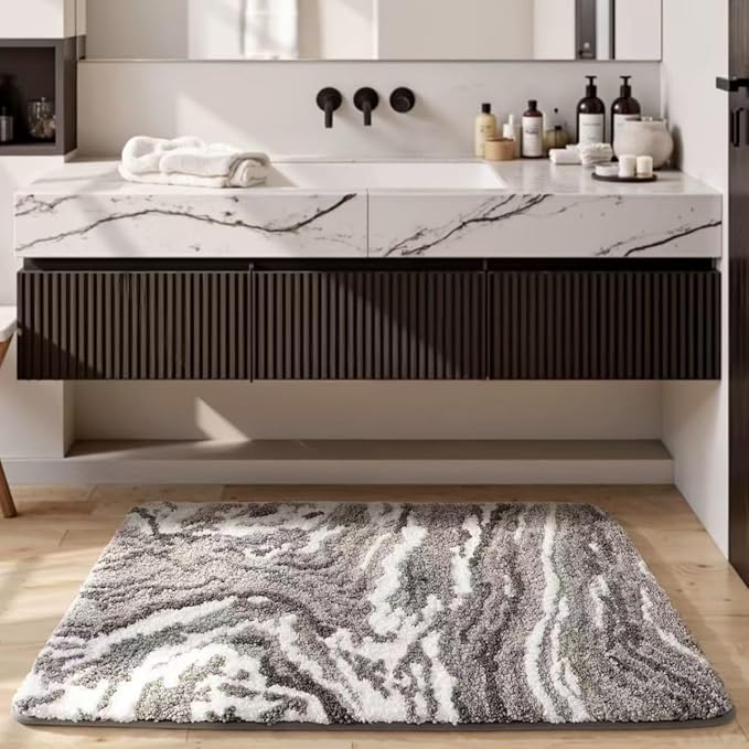 Ankah Luxurious Nordic Bathroom Rug, Extra Soft Fluffy Bath Mat, Absorbent, Non-Slip, Easy to Care and Fast Drying, Modern Style Marble Pattern Shower Rug, Home Decor Accessories, 17.3"x29.9", Gray