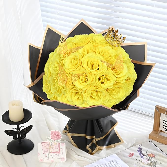 Waipfaru Glitter Roses Bouquet, DIY Fake Flowers Bouquet, Yellow Artificial Flower for Mothers Day Gifts, Valentines, Anniversary, Engagement, Wedding, 24 Pcs
