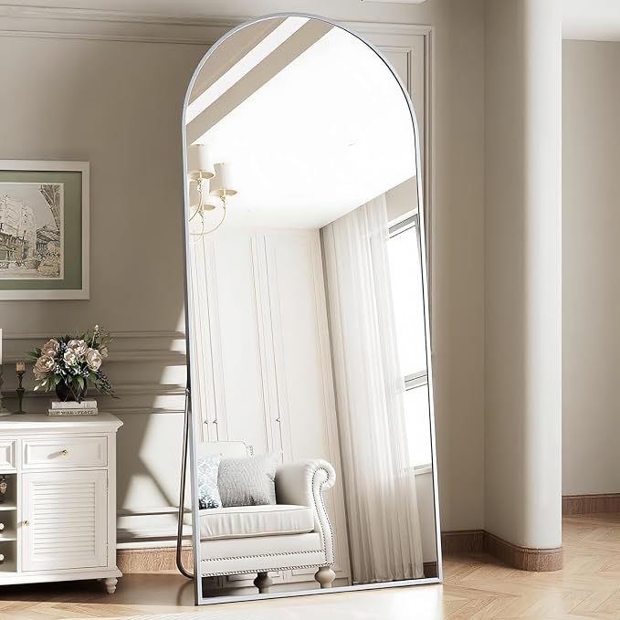 Dewfig Arched Full Length Mirror, 64''x21 Large Floor Mirror, Full Body Mirrors for Leaning or Hanging, Standing Mirrors for Bedroom, Living Room,Dressing Room, Aluminum Alloy Frame, Silver