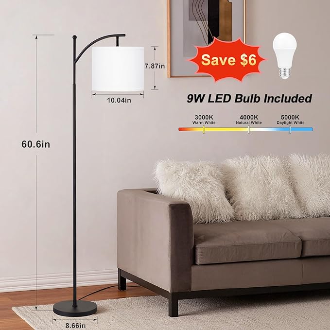 Ambimall 60" Floor Lamp with 3 Color Temperatures, Adjustable White Shade, Black Pole - Tall Lamp for Living Room, Bedroom, Office, Classroom, Dorm - 9W Bulb Included