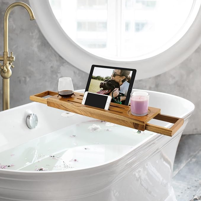 EcoFives Teak Bathtub Tray Caddy - Expandable Bath Tray - Adjustable Organizer Tray for Bathroom - Luxury Bath Caddy Tub Table, Bathtub Accessories & Bathroom Gadgets