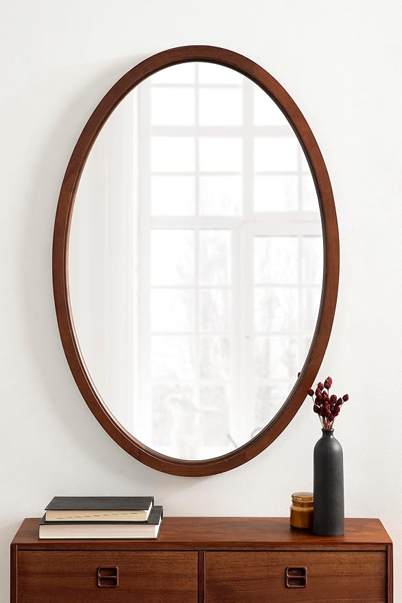Kate and Laurel Hogan Farmhouse Oval Framed Wall Mirror; 24 x 36; Dark Walnut; Decorative Traditional Wood Mirror with Soft Curvature and Modern Oval Shape