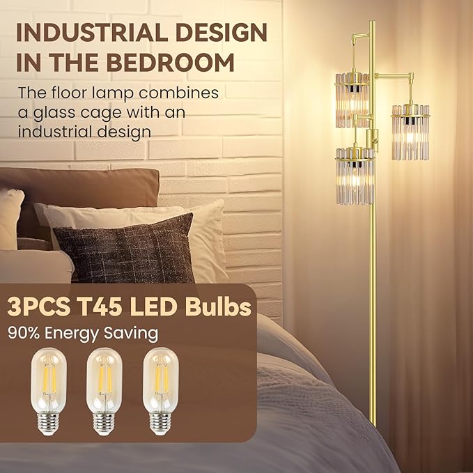 Gold Modern Standing Tall Floor Lamp for Living Room Dimmable, LED Glass Crystal Industrial Tree Lamp for Bedroom, Farmhouse Rustic Home Decor Fancy Light with 3 Bulbs