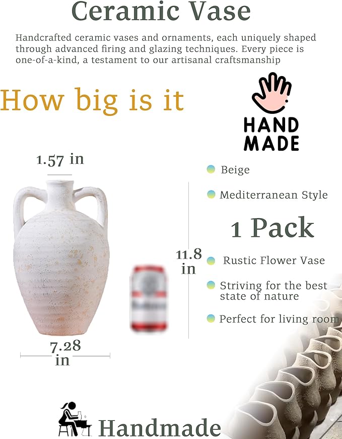 UPWOIGH Ceramic Flower Vase, 11.8 inch Tall Off-White Farmhouse Rustic Vase, Handcrafted Weathered Handle Pottery Vases, Large Flower Terracotta Vases for Home Decor, Living Room, Table, Shelf