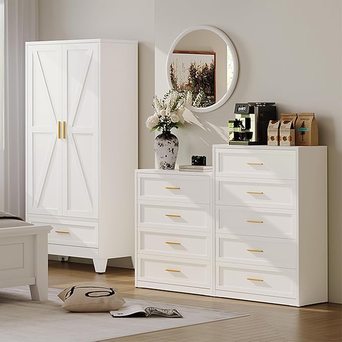 Metal Dresser with 5 Drawer，48" Tall Chest of Drawers with Wide Metal Handle,Drawer Organizer for Bedroom,Living Room,Hallway and Entryway,White