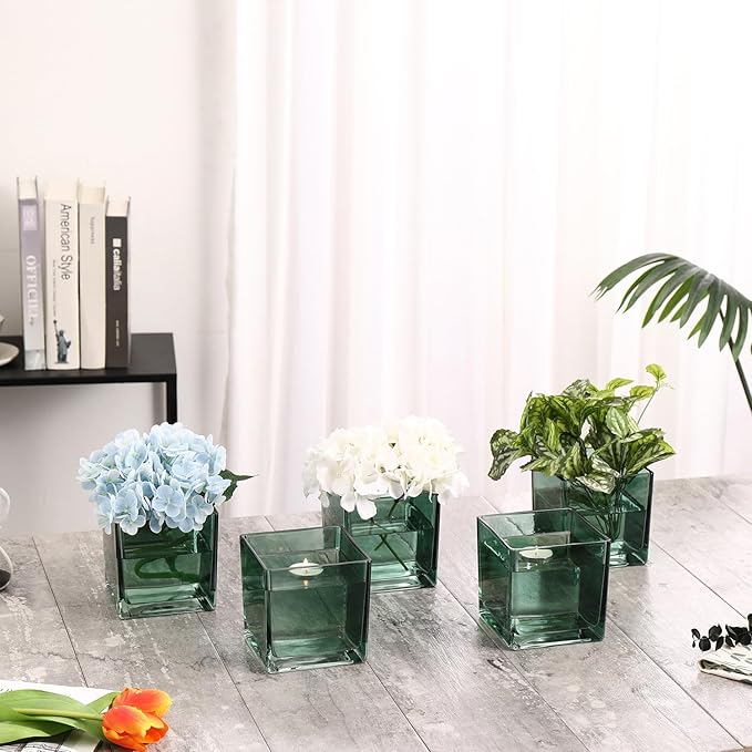 Square Glass Vases Set of 9, 4"x 4"x 4" Flower Vases for Centerpieces, Green Glass Vase for Flowers, Small Vase for Wedding, Party, Home Office Decoration