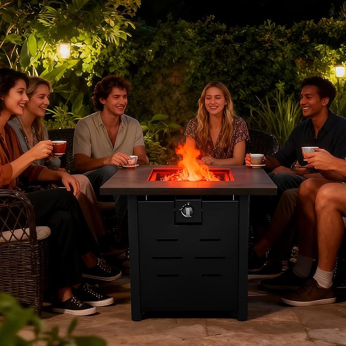 WAROOM Outdoor Propane Fire Pit, 28 Inch Patio Firepit Table with Fire Glass, and Waterproof Cover, for Outside Parties and Gatherings on Patio Garden Backyard Porch