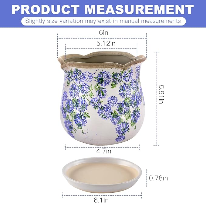 Ceramic-Planters-for-Indoor-Plants with Saucer, 6 inch Vintage Ice Crackle Glaze Plant Pots with Drainage Holes, Decorative Flower Pots for Outdoor Garden Home Decor, Tuscan Pot for Plant