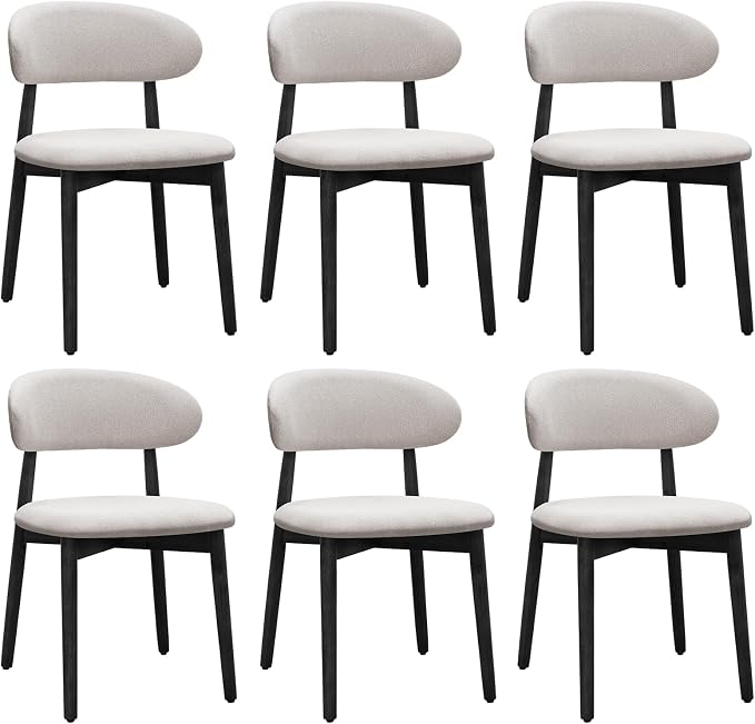 Farmhouse Dining Chairs Set of 6,Mid Century Modern Fabric Upholstered Kitchen Chairs,Wooden Dining Room Chair with Curved Back Black Leg for Kitchen Dining Room Restaurant Cafe,Linen Gray,Only Chairs