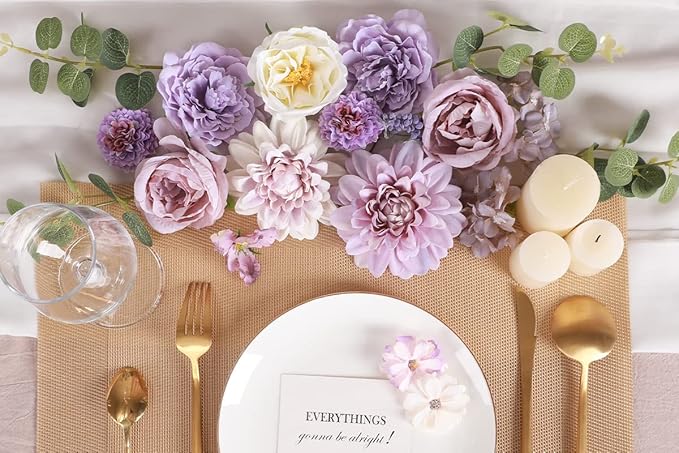 Floweroyal 2 Layers Artificial Flowers Combo Purple Flowers Mix Silk Flowers Dahlia Roses with Stems for Wedding Bridal Bouquets, Baby Shower, Floral Arrangement, Table Centerpieces