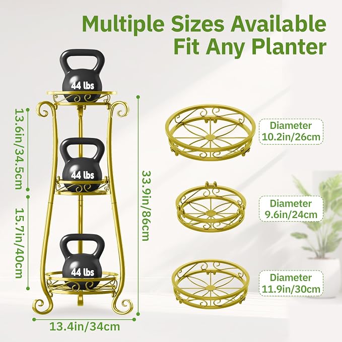 KMOTASUO 3 Tier Metal Plant Stand for Multiple Large Planters Indoor Outdoor Organizer, Heavy Duty Tall Flower Rack for Corner Patio Bathroom Office Corner, Modern Sturdy Vertical Iron Rack, Gold