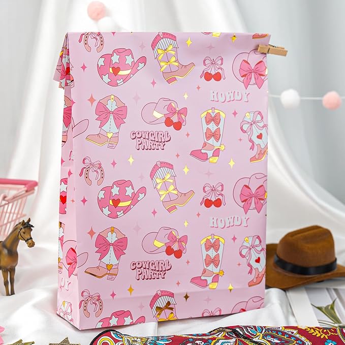 Homeral Pink Cowgirl Wrapping Paper Roll - 17In x 32.8Ft Reversible Gift Wrap with Western Boots Hat Cherry Pattern for Girls Birthday, Baby Shower, Cowgirl Party, Western Theme, Holiday Crafts