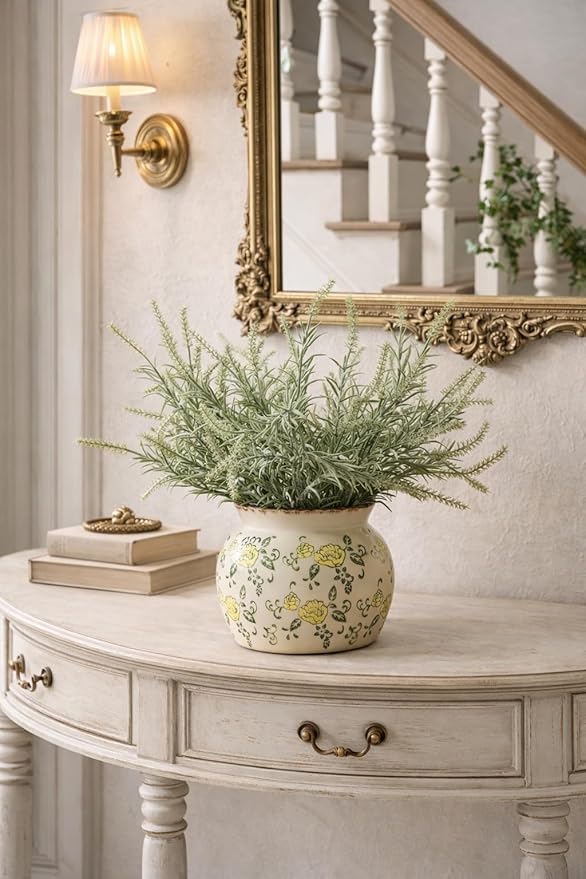 SIDUCAL Ceramic Yellow Rose Floral Vase with Wide Mouth Lace, 4.84 Inch Cracked Chinoiserie Rustic Farmhouse Vases, Pastoral Retro Vase for Home Decor, Table, Living Room, Bathroom, Shelf, Wedding