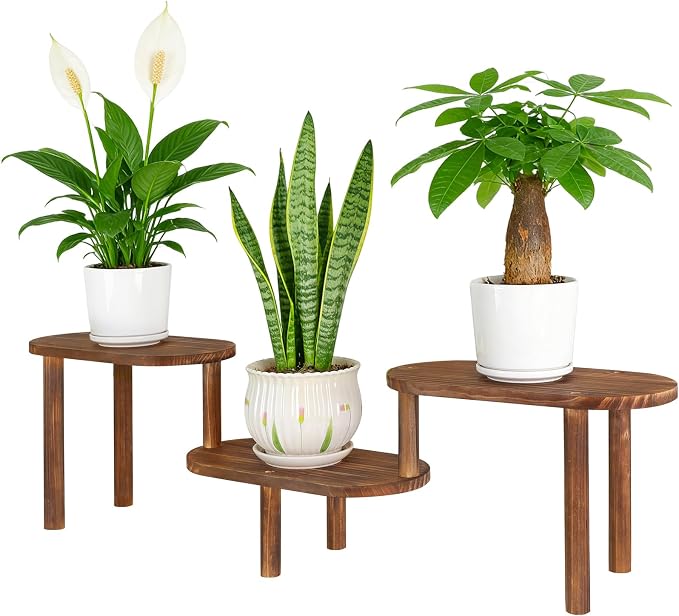 Concave Wooden Plant Shelf Indoor, 3 Tiers Deformable Oval Plant Stand, Heavy Duty Long Flower Pot Stand for Multiple Plants, Low Plant Holder for Patio Balcony Living Room Office