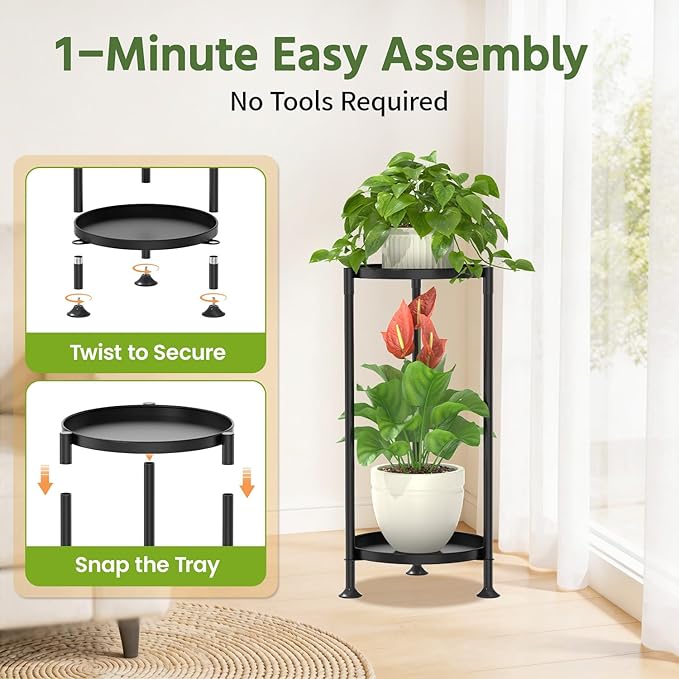 LASZOLA 2 Tier Plant Stand Indoor with Large Metal Tray, Corner Round Flower Holder Rack Tall Outdoor, Morden Planter Display Shelf for Patio Porch Garden Office Living Room, Black