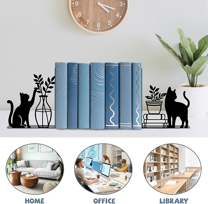 Cat Metal Bookends Cute Cat Book Ends for Shelves Bookshelf Home Office Desk Decorative Bookshelf Decor Gift for Cat Lovers and Reading Enthusiasts