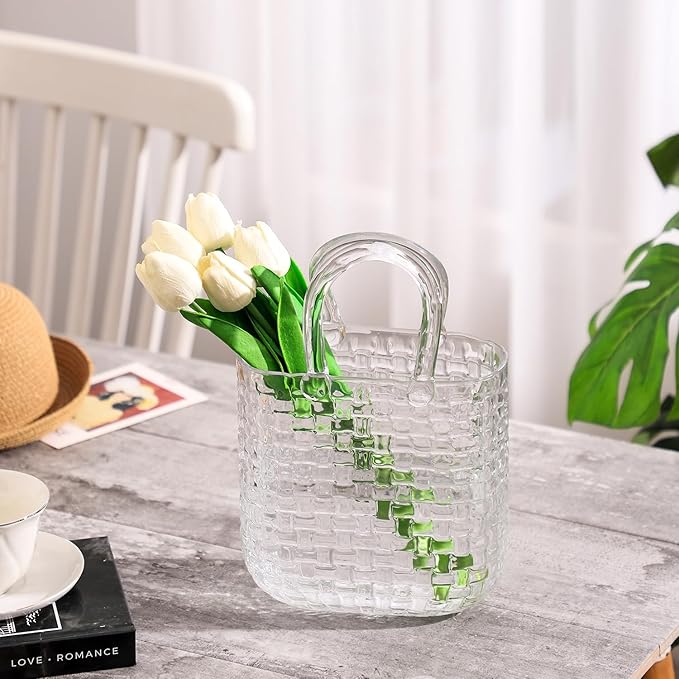 Glass Purse Vase, Purse Vase for Flowers, Unique Purse Flower Vase, Large Glass Bag Vases, 10 Inch Handbag Shaped Vases for Home, Living Room, Bedroom, Table, Office Decor