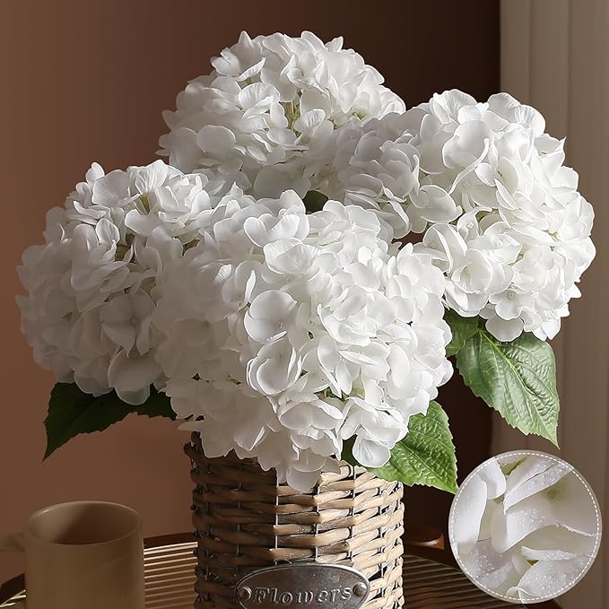 4Pcs Hydrangea Artificial Flowers, 22.44" Real Touch Latex Faux Hydrangea with Long Stems & Leaves for Home Office Decor or Wedding, Party, Centerpieces, Floral Arrangements (White)