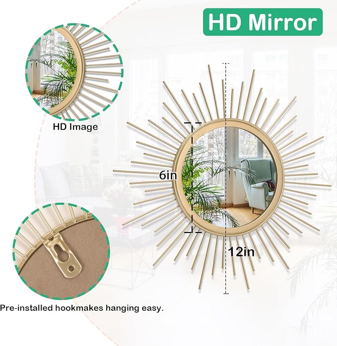 Gold Mirrors for Wall Sunburst Decor Art Mirror Bohemian Home Round Modern Metal Mirror for Bedroom Living Room Hallway Bathroom Balcony Farmhouse Entrance Small