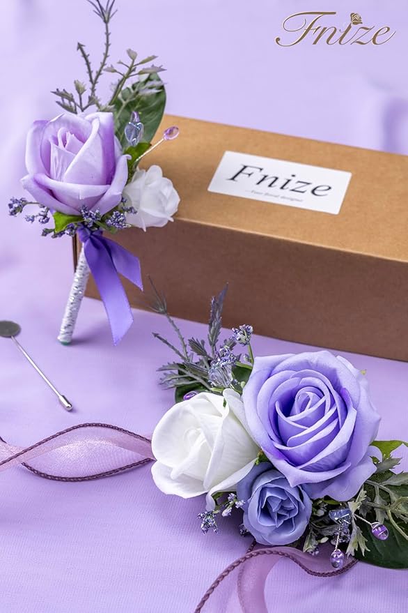 Fnize Purple Corsage and Boutonniere Set for Bride Groom Bridesmaids Groomsmen Wedding Homecoming Flowers Prom Suit Accessories, Rose Boutonniere and Wrist Corsage Flower