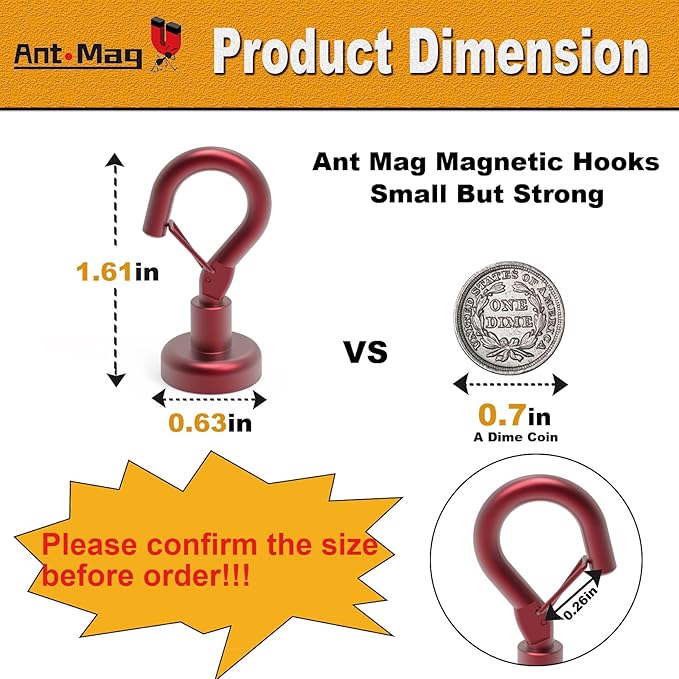 Ant Mag Magnetic Hooks Heavy Duty with Snap 22lbs Strong Red Magnet Hooks Great Hanging for Refrigerator, Cruise Cabin, Grill, Wreath,Kitchen,Office 8 Pack