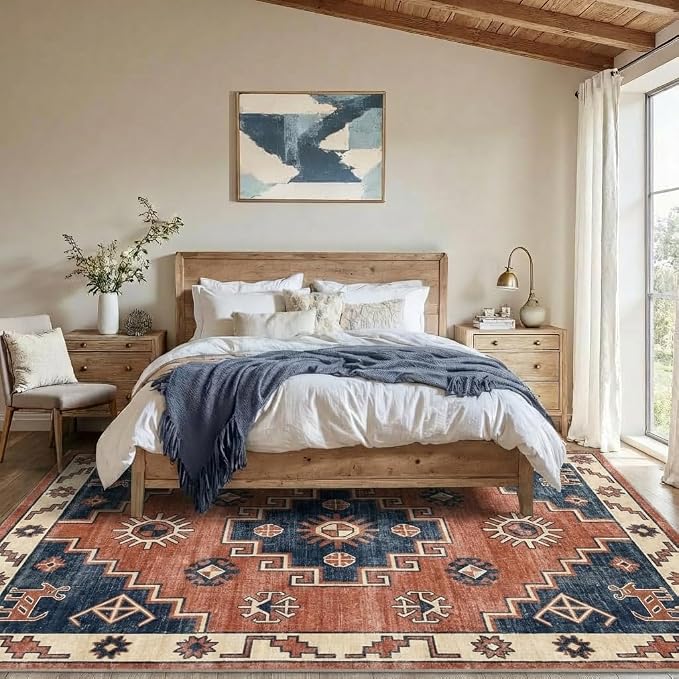5x7 Area Rug Vintage Tribal Persian Rug with Non Slip Backing, Washable Low Pile Terracotta Red Navy Blue Carpet for Bedroom, Living Room, Dining Room, Home Office, Farmhouse