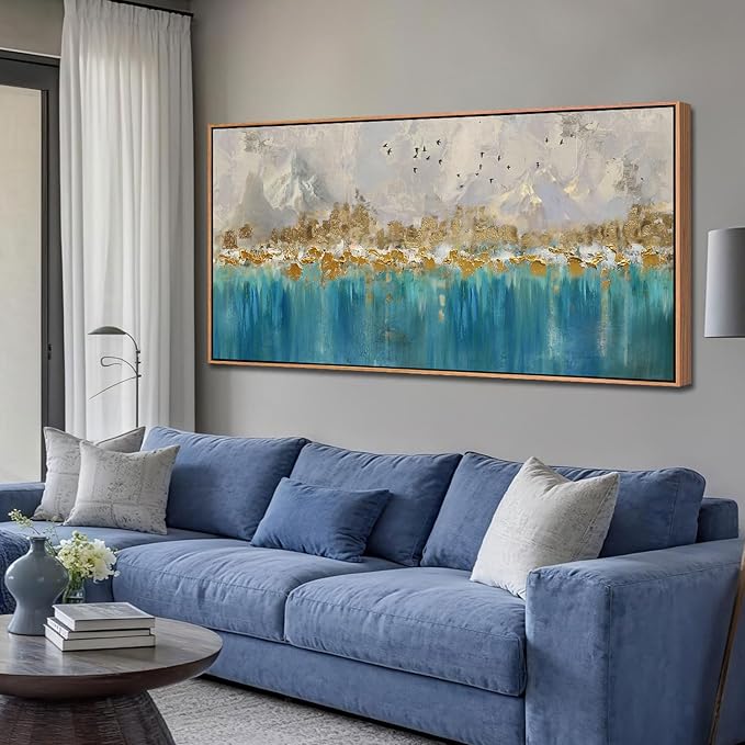 Arjun Framed Abstract Wall Art for Living Room Gold Blue Textured Extra Large Canvas Art Wall Decor Bedroom Painting, Modern Picture Grey Mountain Artwork Home Office Wall Decoration, 58"x29"