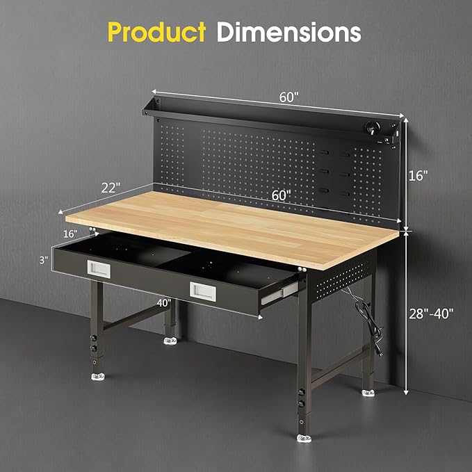 60" Adjustable Work Bench with Drawers, Workbench for Garage with Strip Light, Work Table with Large Pegboard, 2000 LBS Heavy Duty Table with Power Outlet Rubber Wood for Office, Workshop