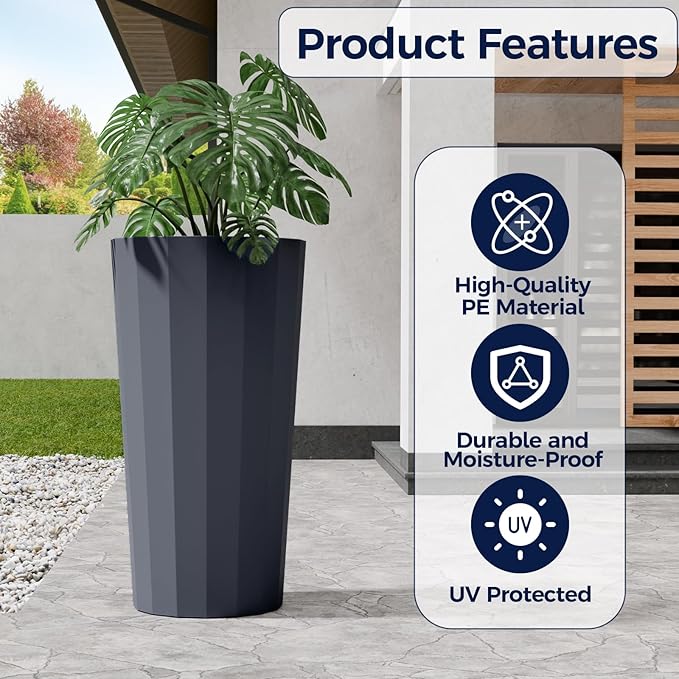 23.6" Tall Outdoor Planters Set of 2, Large Planters for Outdoor Plants for Porch Decor with Drainage Hole, Wide Stripe Design Porch Flower Pots for Indoor Pot Patio/Garden, Gray Blue