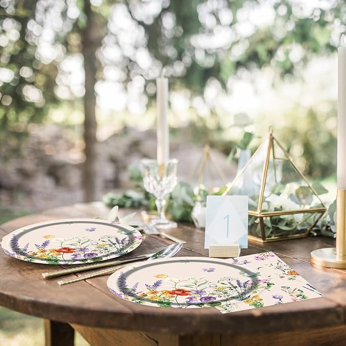 75pcs Floral Disposable Tableware Set, Spring Floral Paper Party Plates Napkins Forks Watercolor Flower Dinnerware Favors for Baby Shower Girls Women Birthday Tea Picnic Serve 25 Guests