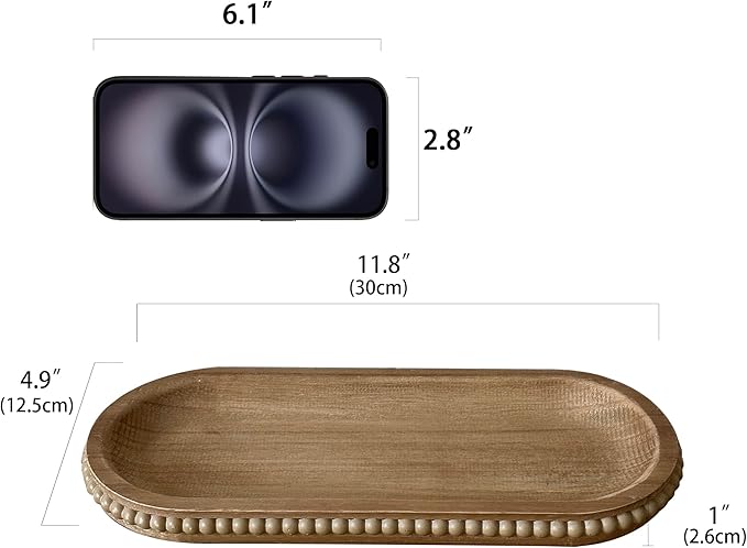 dwellington Wooden Farmhouse Decorative Tray, 11.8in Rustic Beaded Tray for Living Room Decor, Kitchen Table Décor, Oval Coffee Table Serving Tray (Natural)