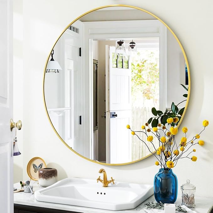 VooBang Gold Round Bathroom Mirror, 30 inch Circle Wall Mounted Hanging Mirror with Simple Modern Circular Metal Frame for Hallway, Entryway, Living Room, Gold Frame