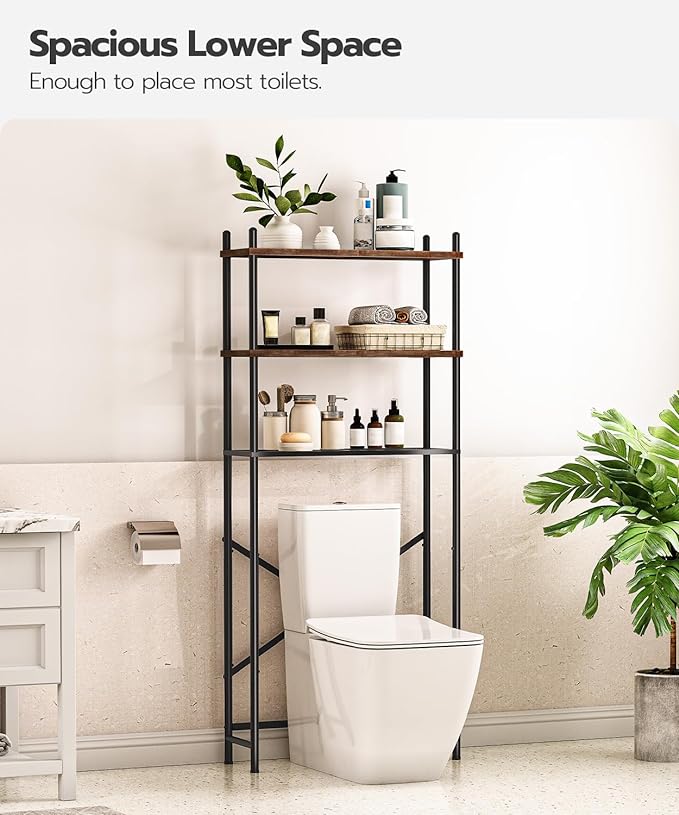 HOOBRO Over the Toilet Storage, 3-Tier Over Toilet Bathroom Organizer, Freestanding Above Toilet Shelf with Adjustable Feet, Space Saving, Easy Assembly, Rustic Brown and Black BF63TS01