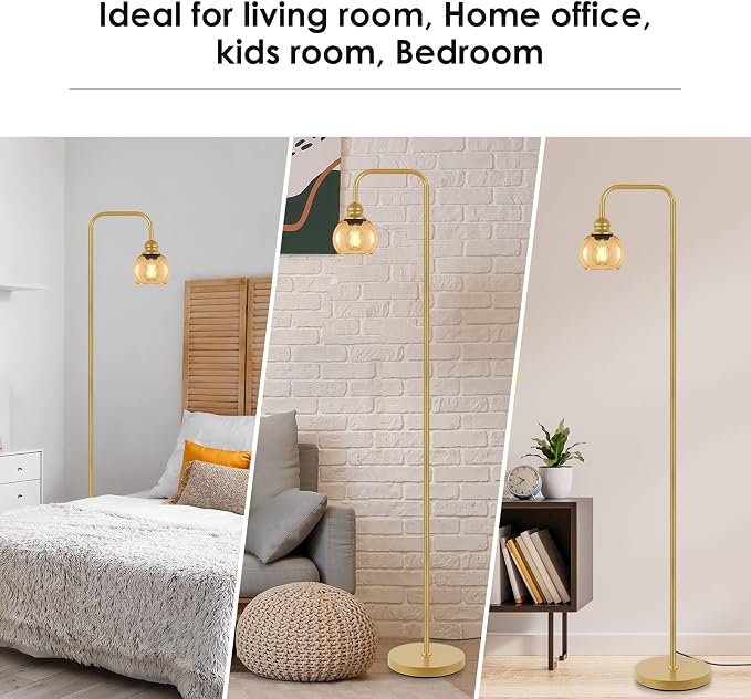 Modern Floor Lamp for Living Room with 6W LED Bulb, Industrial Floor Lamp, Amber Glass, Classic Reading Tall Lamp for Home Office, Standing Lamp for Study, Minimalist, Vintage, Mid Century, Brass Gold
