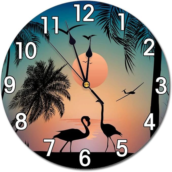 Flamingos Walking On The Sea Beach Wall Clock Battery Operated Silent Non Ticking Round Clock Wall Decor for Home Kitchen Living Room 9.8 Inch