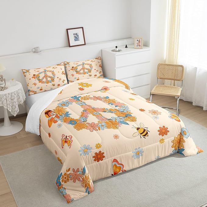 Retro 70s 60s Hippie Comforter Set Twin Size,Groovy Flowers Butterfly Honeybee Quilt Set for Kids Boys Bedroom Collection,Floral Peace Symbol Polyester Bedding with 1 Pillowcase,2Pcs