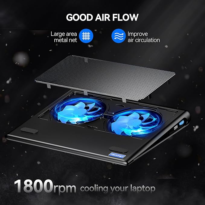 TECKNET Laptop Cooling Pad - 12"-15.6" Laptop Cooler, Powerful Cooler and Ultra Quiet for Gaming Laptops Pad, 2 Wind Speed Adjustable, USB A & C Powered Cooler Stand with Laptops Fan LED (Blue)