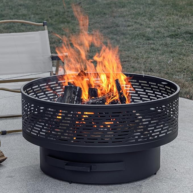 OutVue 32" Wood Burning Fire Pits with Grill & Lid, Fire Pit Table for Outside with Waterproof Cover & Fire Poker, Outdoor Firepit with Functions for BBQ,Table and Bonfire