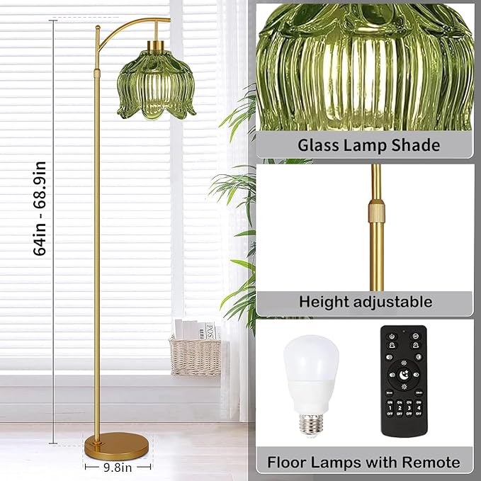 ILLMTW Glass Floor Lamp for Living Room,Bedroom,Gold Mid Century Modern Standing Lamp with Remote,Dimmable Brass Tall Lamp Vintage Tulip Green Arc Flower Floor Light Boho Bohemian