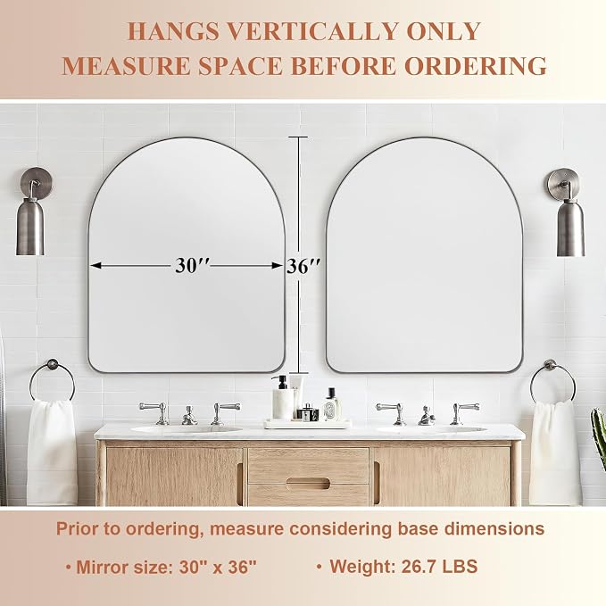 ANDY STAR Arched Mirror, 30 x 36 Inch Polished Chrome Wall Mirror in Stainless Steel Metal Frame, Arch Top Rounded Corner 1 Inch Deep Set Design Wall Mount Hangs Vertical
