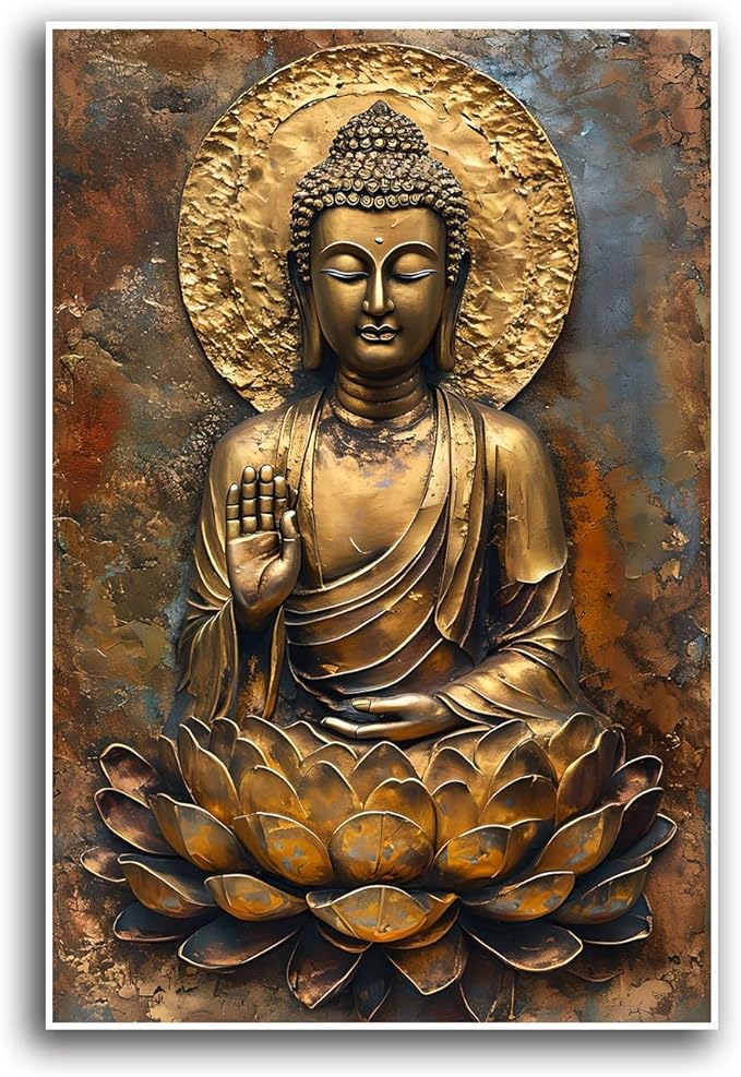 Buddha Wall Art Golden Buddha in Lotus Seat Serene spiritual statue radiant aura Meditation and mindfulness wall art suitable for sacred spaces 8x12in Frameless