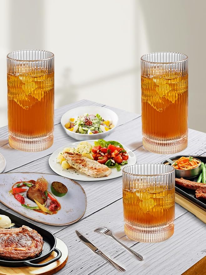 Ribbed Glassware Vintage Drinking Glasses 12Pcs - 6 Ribbed Tall Glasses 16Oz And 6 Ribbed Short Glasses 13Oz, Clear Glassware For Coffee, Cocktails, Smoothies, Juice, Beer, Water