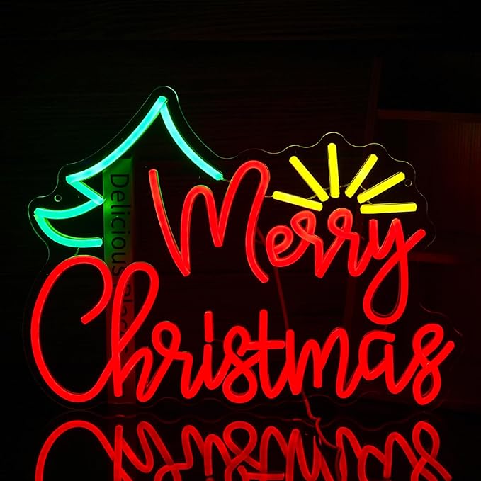 Merry Christmas Neon Sign USB Power Sunshine Light Up Sign Dimmable Christmas Tree Led Neon Light for Christmas Party New Year Home Wall Decor (Dimmable USB)